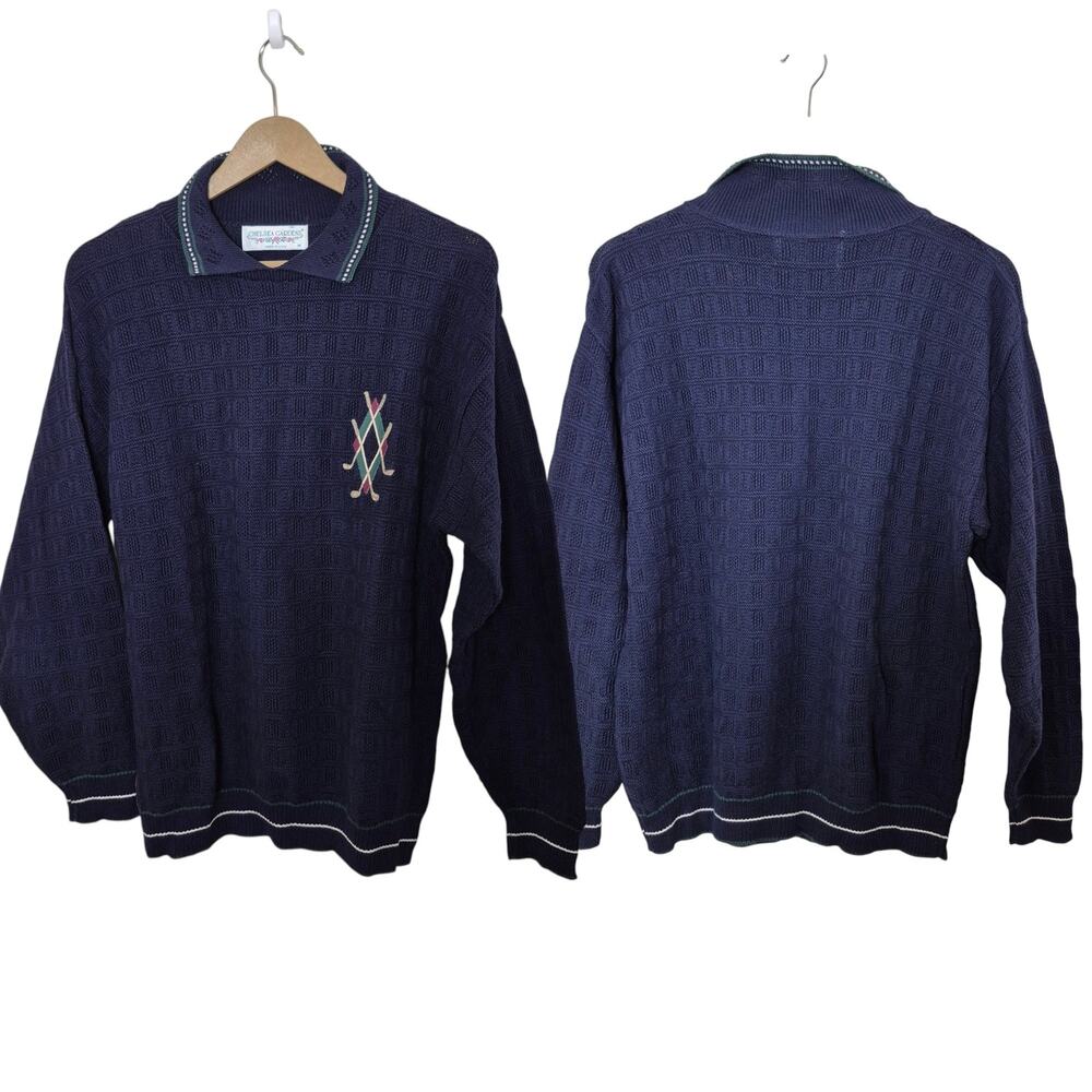 Chelsea Gardens Blue Golf Motif Pull On Collared Polo Textured Vintage Sweater M